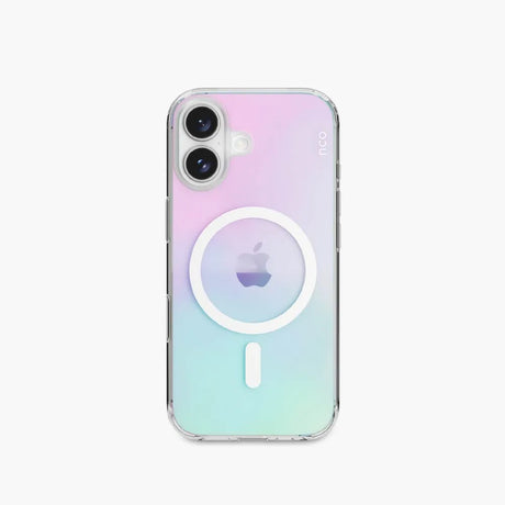 case nco safecase clear con magsafe para iphone 17 diseño arcoíris transparente en posición frontal mostrando su estilo y protección