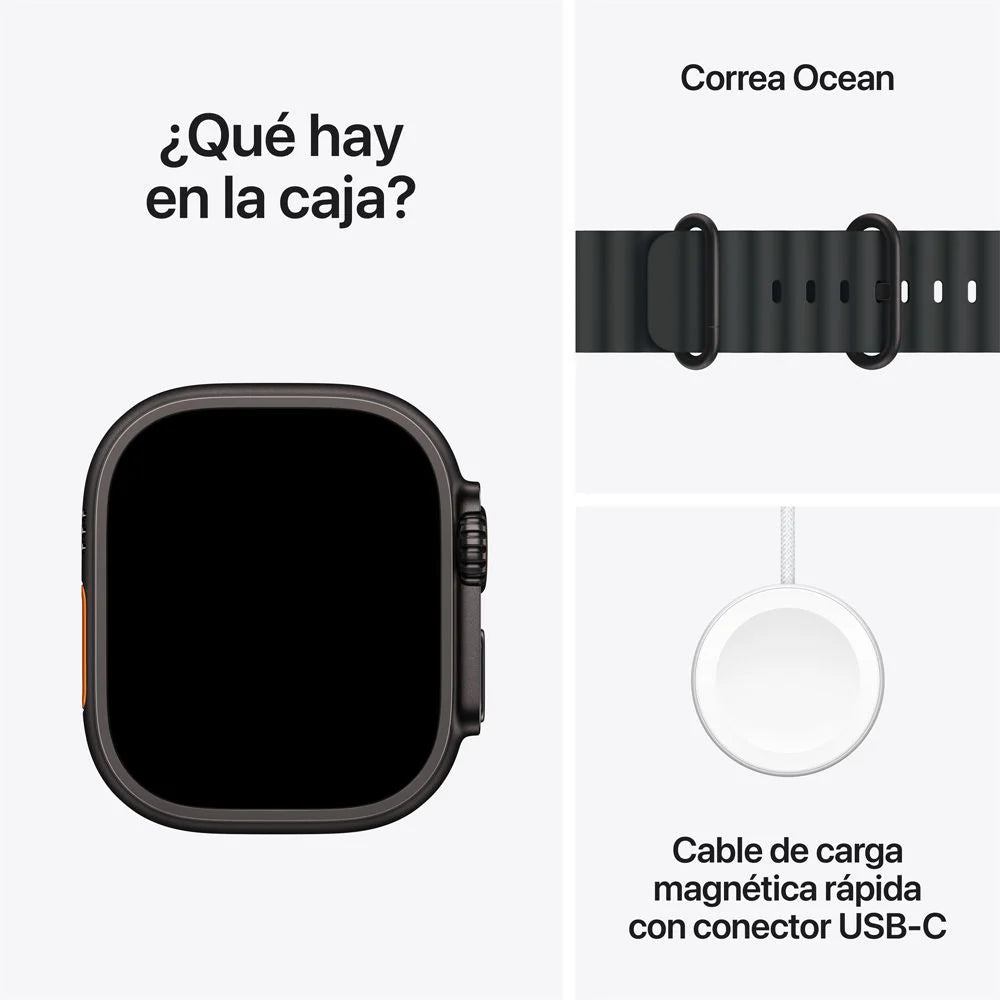 Apple Watch Ultra 3(GPS + Cellular) 49mm - Negro - Correa Ocean Negra + Case 360 Zagg InvisibleShield para Apple Watch Ultra 49mm - Negro