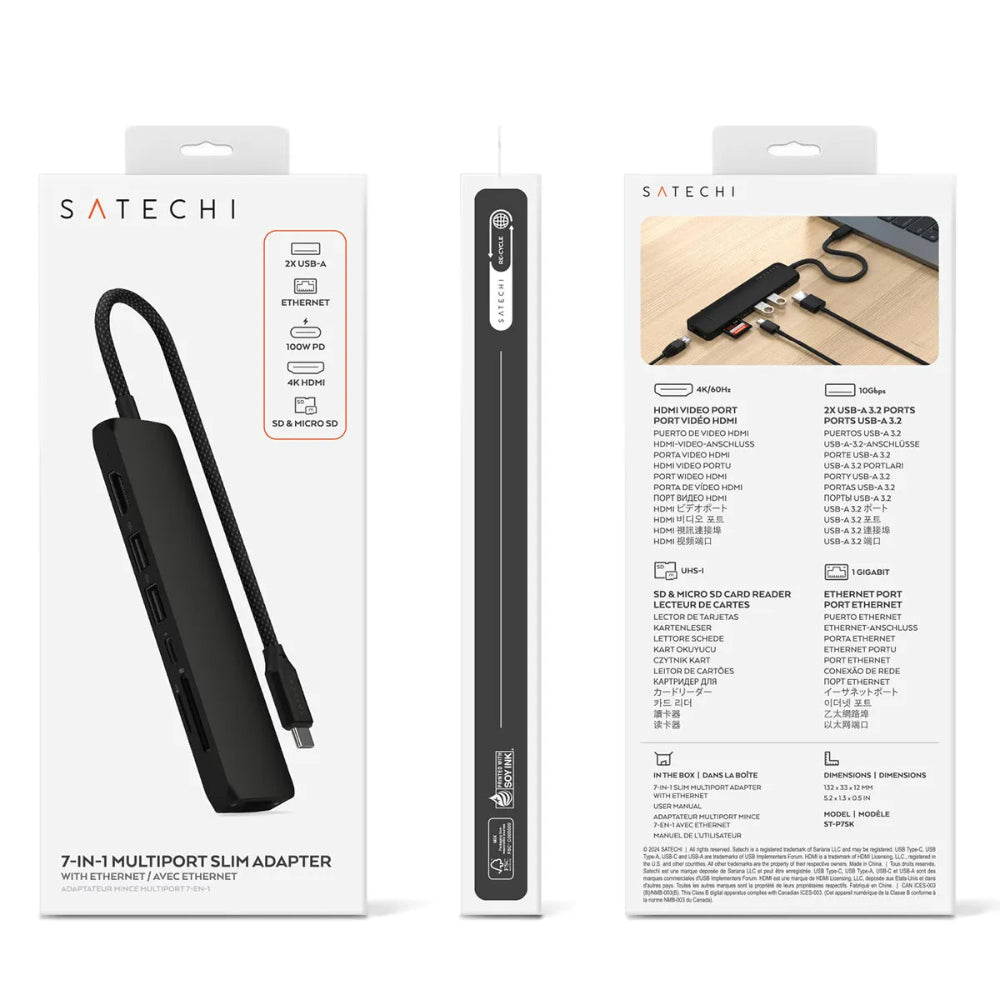 Adaptador Slim Satechi USB-C Ethernet HDMI 2 USB-A - Negro
