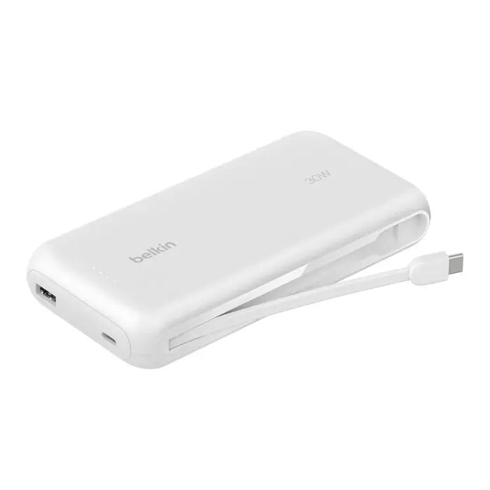 Batería Externa Belkin 20K Cable USB-C Integrado Puertos USB-A y USB-C 30WPD - Blanco