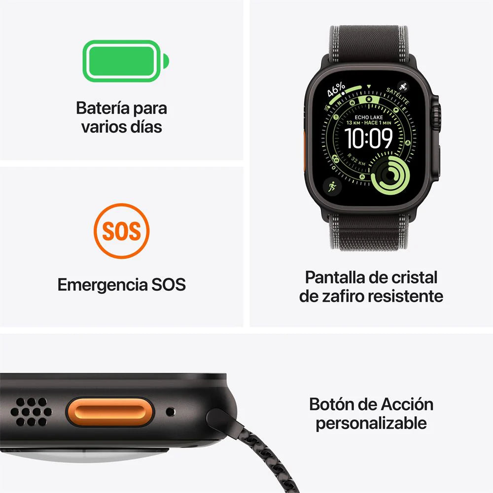 Apple Watch Ultra 3(GPS + Cellular) 49mm - Negro - Correa Ocean Negra + Case 360 Zagg InvisibleShield para Apple Watch Ultra 49mm - Negro