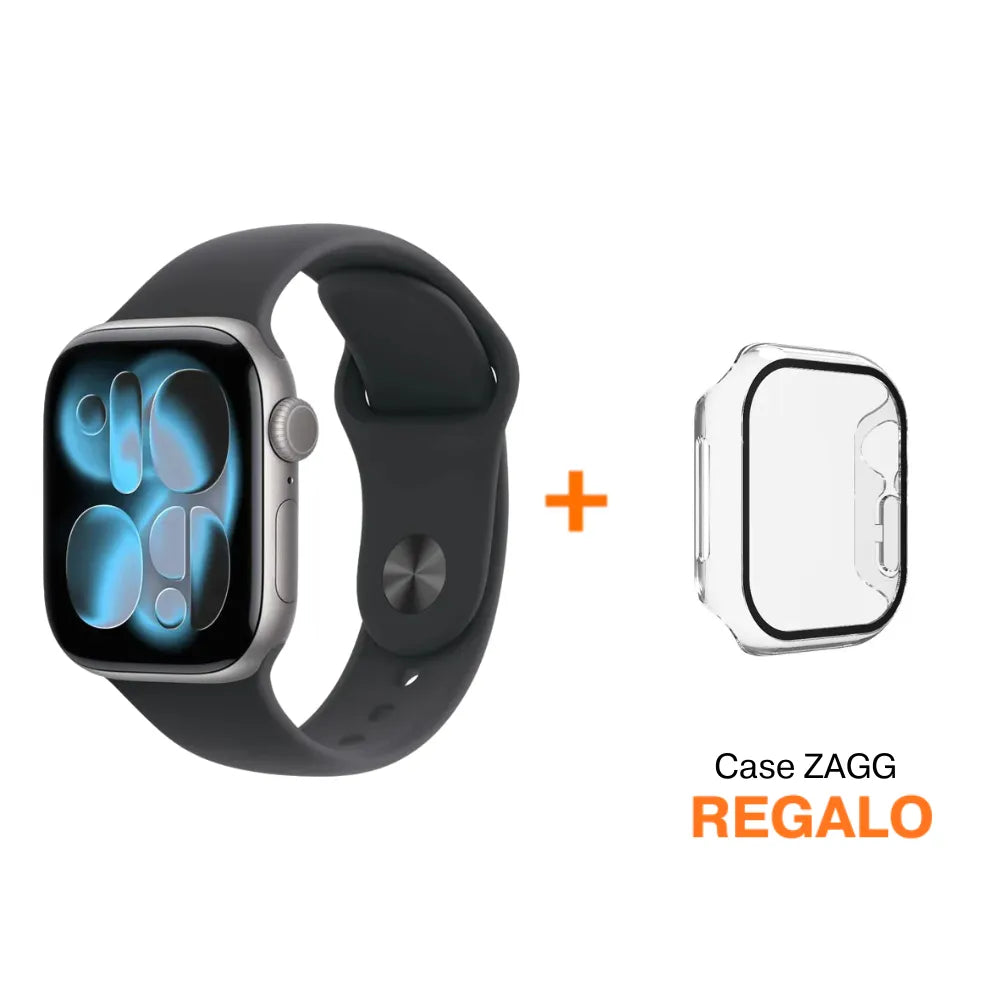 Apple Watch Series 11(GPS) 46mm -Gris espacial - Correa Deportiva Negra (S/M) + Case 360 ZAGG Is-Glass Elite para Apple Watch 46mm - Transparente