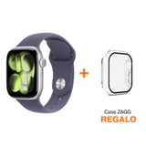 Apple Watch Series 11(GPS) 46mm - Plata - Correa Deportiva morado niebla (S/M) + Case 360 ZAGG Is-Glass Elite para Apple Watch 46mm - Transparente