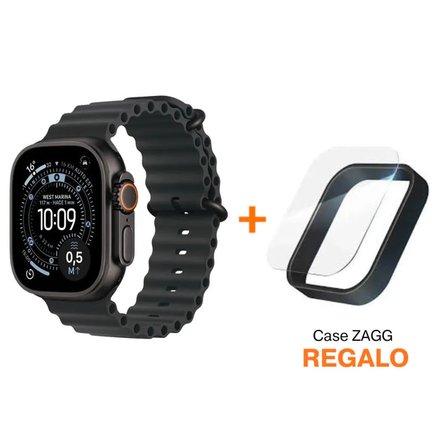 Apple Watch Ultra 3(GPS + Cellular) 49mm - Negro - Correa Ocean Negra + Case 360 Zagg InvisibleShield para Apple Watch Ultra 49mm - Negro